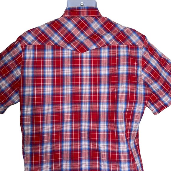 Wrangler Pearl Snap Red White Blue Patriotic USA Light Plaid Western Shirt M - Picture 7 of 10